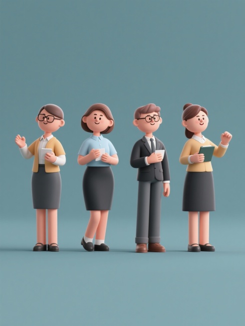 3D风格人物设计，四个不同动作、不同性别的老师形象规整排布，整体造型简约现代，采用3D渲染技术，具有平滑的渐变质感和柔和的光影效果，人物面部表情生动自然，服饰细节清晰，纯色背景，无任何文字、logo和水印，视觉层次分明，符合现代设计感。预览效果