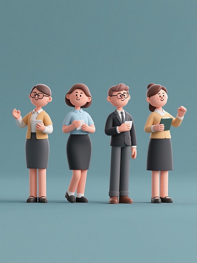 3D风格人物设计，四个不同动作、不同性别的老师形象规整排布，整体造型简约现代，采用3D渲染技术，具有平滑的渐变质感和柔和的光影效果，人物面部表情生动自然，服饰细节清晰，纯色背景，无任何文字、logo和水印，视觉层次分明，符合现代设计感。