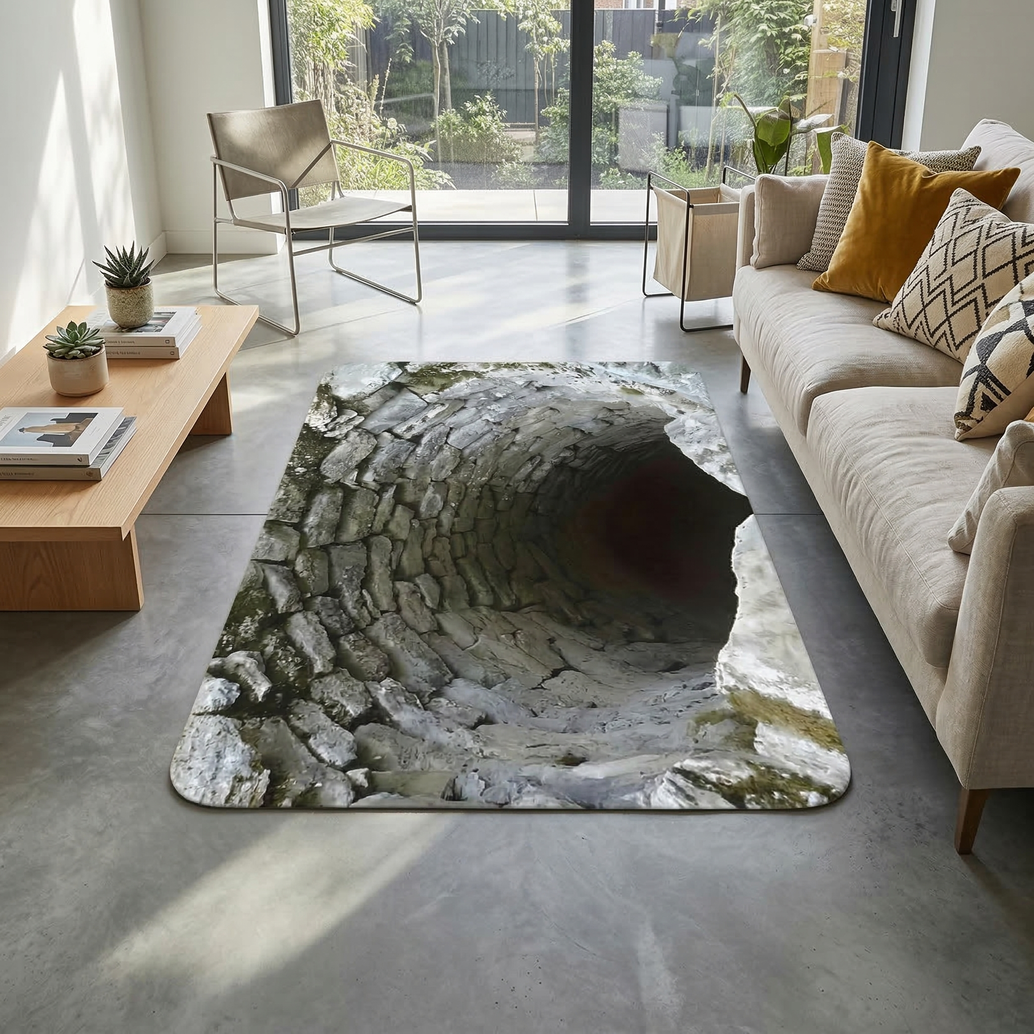 将这款带有3D立体深井视觉效果的地毯放置在现代客厅场景中，保持… - 图片创意预览