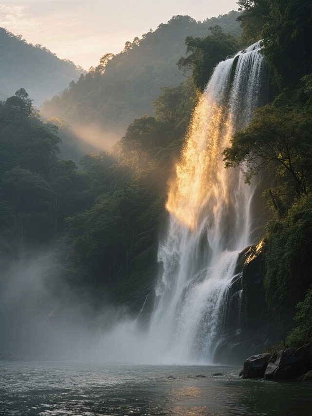 山林瀑布，丁达尔光线，仙气，烟雾，空气清新，黄昏时间