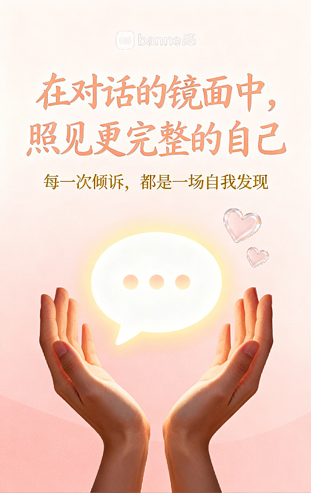情感聊天服务营销banner，温馨治愈暖色调，温柔舒适陪伴氛围，在合适位置添加两段文案"在对话的镜面中，照见更完整的自己"、"每一次倾诉，都是一场自我发现"，排版和谐美观，整体温暖有力量，符合情感咨询服务的温暖气质