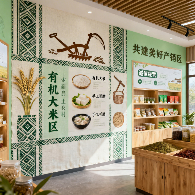 农副产品产销区改造翻新设计意向图，墙面融入土布非遗纹样和乡村本土农耕文化符号，产品特色上墙设计，村镇管理文化特色展示，打造有文化感的乡村产销空间，效果图，清新自然乡村风格预览效果