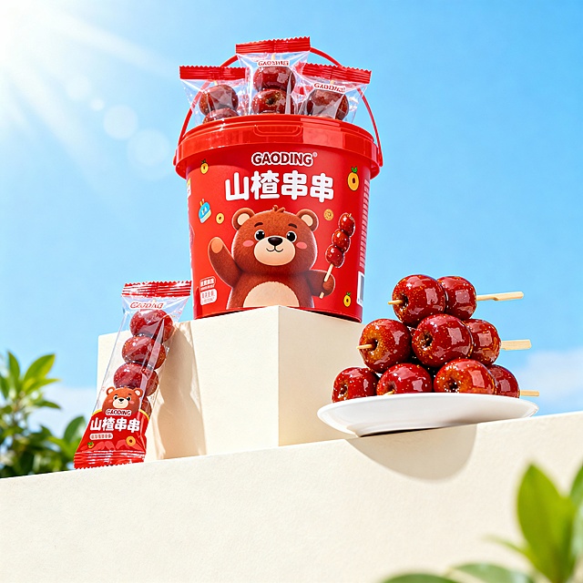 商品广告摄影，低角度仰拍视角，红色桶装儿童山楂串串零食置于简洁的米白色展台之上；桶身印有卡通小熊形象，包装清晰显示loog “GAODING”和“山楂串串”等文字；桶旁左侧摆放同款的山楂串的独立小包装，桶的右侧前摆放着白色小盘子里盛放多颗裹着亮泽糖衣的山楂串（插在小木棍上）；背景是明亮的蓝天与少量的绿色植物点缀，整体色调鲜艳温暖，光线柔和通透，商业产品图质感，高细节纹理，8K 分辨率。