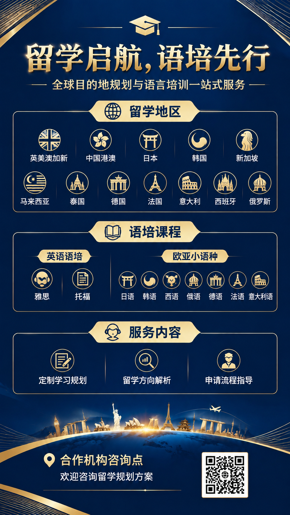 参考图1的版式结构和深蓝金高端风格，生成一张留学语培咨询海报。… - 图片创意预览