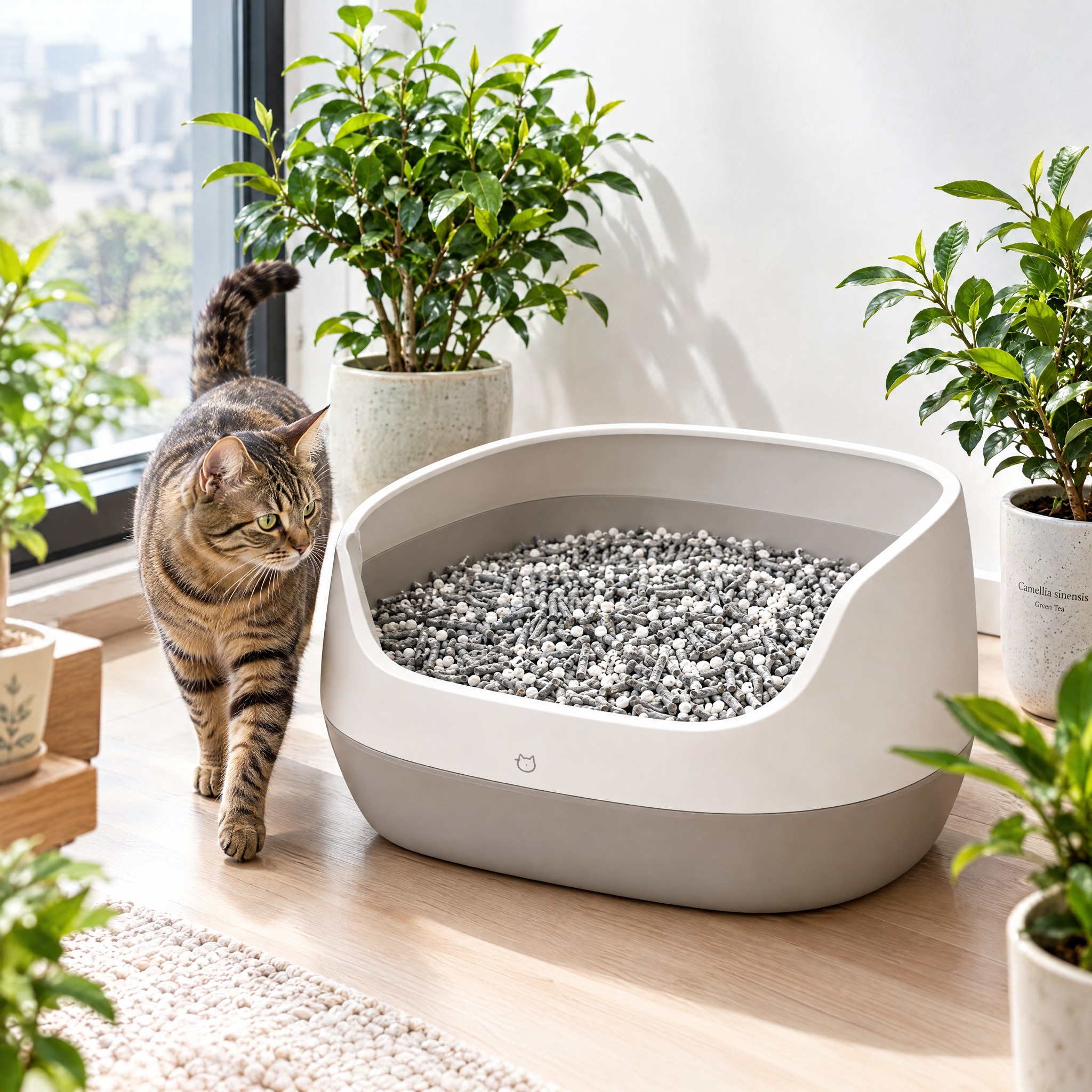 电商摄影风格，1:1正方形构图，猫砂产品场景图，室内现代简约风… - 图片创意预览