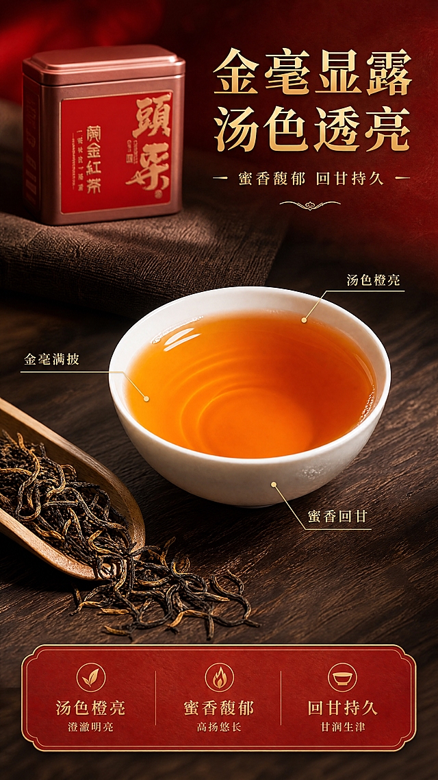[商品] 使用【图2】中的金属茶罐作为产品包装辅助露出；保留茶罐红底金字外观，茶罐置于画面左上角或右下角，占画面约15%，不抢茶汤主体。
[画面] 目标：茶质口感特写页，展示黄金红茶的汤色与干茶品质。构图：左上方茶罐+中部偏下白瓷茶杯与茶汤特写，干茶撒落在茶则上作为点缀，茶汤主体占画面约55%。阅读动线：顶部口感标题→中部茶汤/干茶特写→底部品质卖点。前中后景：前景茶则干茶、中景茶汤茶杯、后景虚化茶席布。茶汤特写元素占画面≥30%，茶质主视觉合计≥50%。
[视觉] 套系策略：风格=东方新中式高端商业摄影；标题字=书法宋体/衬线粗体，带烫金质感；正文字=简洁宋体；主色=中国红+深木棕；背景延展=基于红金做深浅层级、同色渐变和细腻宣纸/木纹质感；强调色=烫金色，仅用于小面积图标、引线和标签；标题色=烫金色；正文色=深棕红；组件=圆角红底金纹信息卡、细线金色引线；光影=侧暖柔光，茶汤透亮有金圈反光，干茶金毫清晰可见。
[文字] 右上主标题「金毫显露 汤色透亮」，副标题「蜜香馥郁 回甘持久」；茶汤区域用3个金色引线标签：「汤色橙亮」「金毫满披」「蜜香回甘」；底部横向排列口感描述文案。文字均为横排，不遮挡茶汤和干茶细节。
[规格] 图片比例9:16竖版，4K分辨率，medium质量；避免变形、错字、文字过小、冷蓝/蓝灰主色调、茶汤颜色失真、虚假功效承诺。