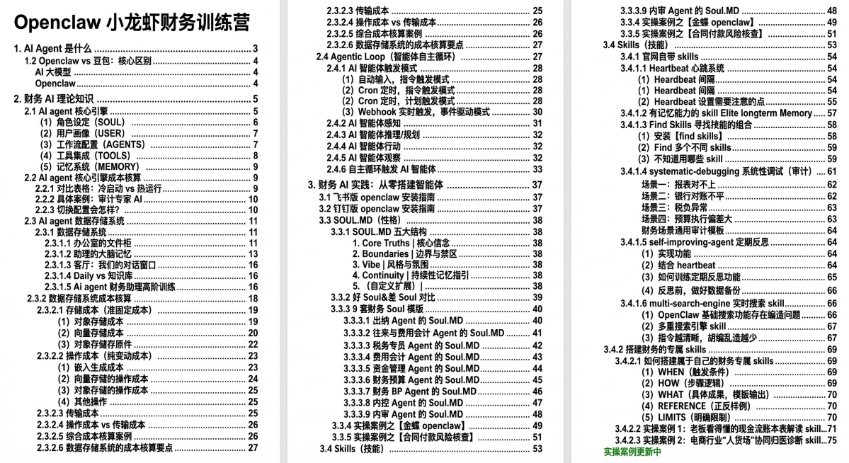 根据上传的三张课程目录图片，生成一张清晰规整的完整版Openclaw小龙虾财务训练营课程目录图片，保留所有文字内容和层级结构，排版整齐清晰，白底黑字，保持目录的原有格式和页码预览效果