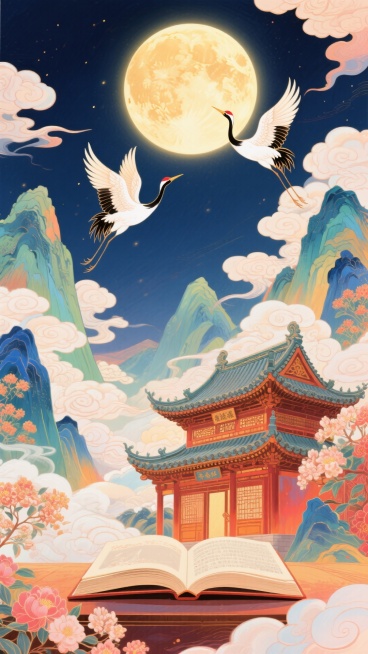 主体是明亮的圆月、两只仙鹤、中式古建筑、翻开的书籍，背景还有山峦和云朵，整体色调温暖，风格为中国风插画，营造出花好月圆、情满中秋的氛围。预览效果