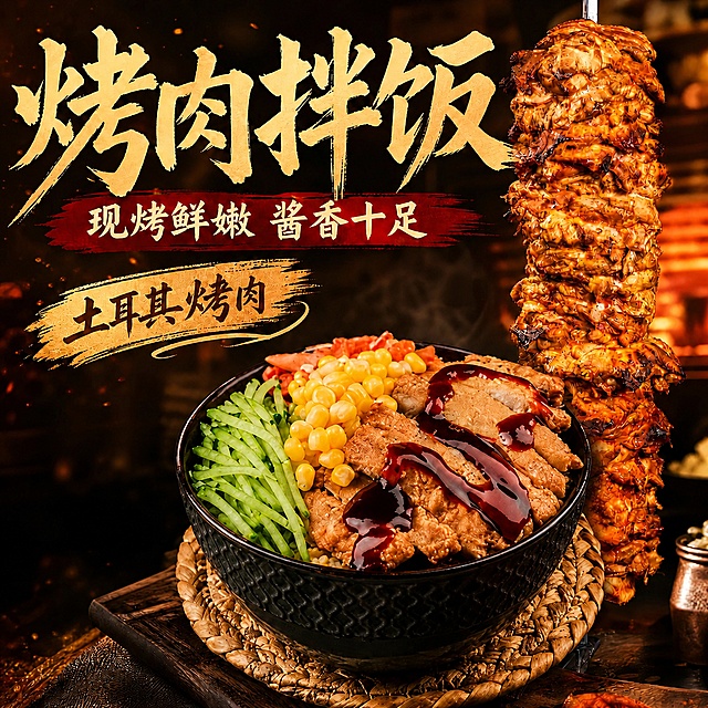 删除原图左下角三个卖点标签的全部文字（分量管饱、现烤现卖、酱香浓郁），保留原海报整体版式、文字、烤肉拌饭、烤肉串、背景和配色不变，删除后调整背景填补空缺区域，整体风格升级为更高级简约的质感，提升画面精致度和高级感，保持1:1方形比例，适合做外卖头像