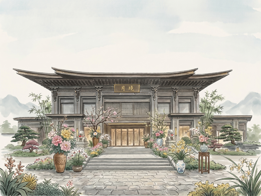将这张门面照片转换为带有轻中式的插花风格插画，保留原建筑结构，需要有自然色彩，不要过于中式化预览效果