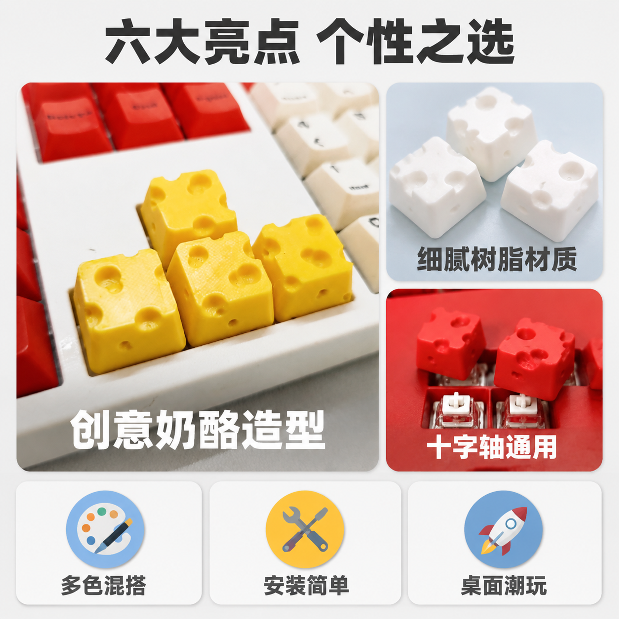 [第3张] 核心卖点总览页-奶酪键帽6大卖点卡片瀑布流展示。本… - 图片创意预览