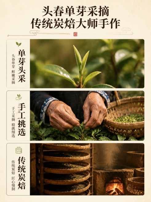 [第4屏] 原料工艺 - 金骏眉单芽采摘与传统炭焙工艺展示。
[氛围/风格] 传统匠心质感，温暖古朴，专业制茶氛围，实景摄影质感。
[元素布局] 画面采用三格竖排布局，从上到下依次展示：1. 枝头头春预览效果