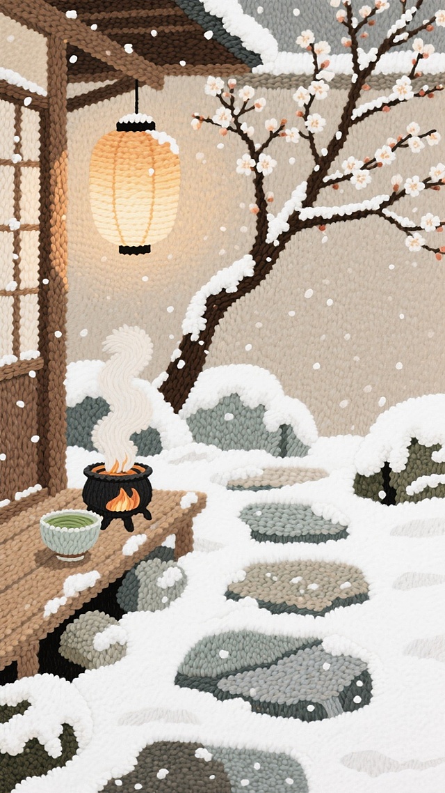日式庭院的青石小径铺雪，石灯笼亮着暖光，梅枝斜伸，花瓣沾雪。木廊下摆着暖炉，放着抹茶碗，雪落在灯笼纸罩上，浅棕 + 雪白配色，静谧禅意的冬日氛围。