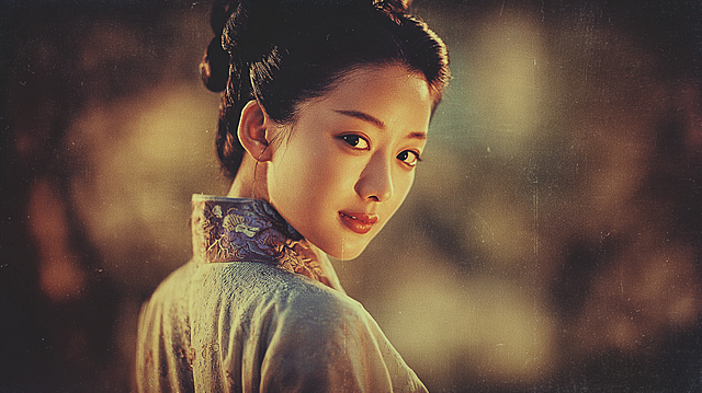 Real film photo of a graceful and gentle ancient Chinese lady, wearing a gorgeous thin shirt, with a well-proportioned and alluring figure, traditional ancient Chinese style, cinematic film texture, soft warm lighting, detailed facial features