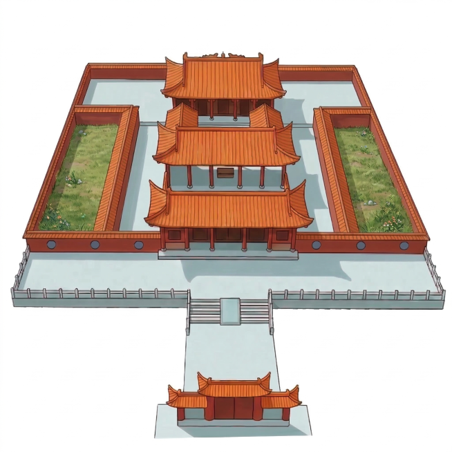 缩小两侧草坪的宽度，让草坪变得更窄一些，保留原有中式古建筑、围墙和整体布局风格不变预览效果