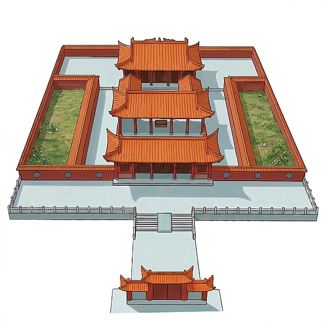 缩小两侧草坪的宽度，让草坪变得更窄一些，保留原有中式古建筑、围墙和整体布局风格不变
