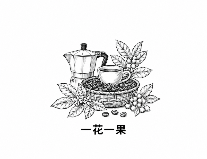 将原图中的水果黑白线稿替换为咖啡相关元素的黑白线稿，保留篮子和下方的“一花一果”文字，保持整体构图和黑白线稿风格不变预览效果