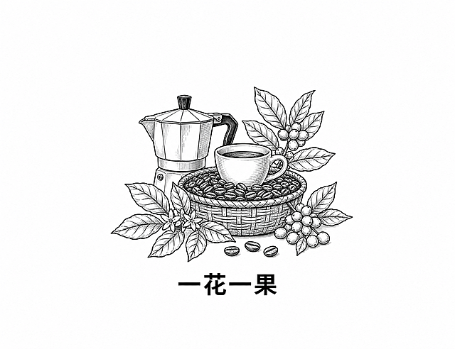 将原图中的水果黑白线稿替换为咖啡相关元素的黑白线稿，保留篮子和下方的“一花一果”文字，保持整体构图和黑白线稿风格不变