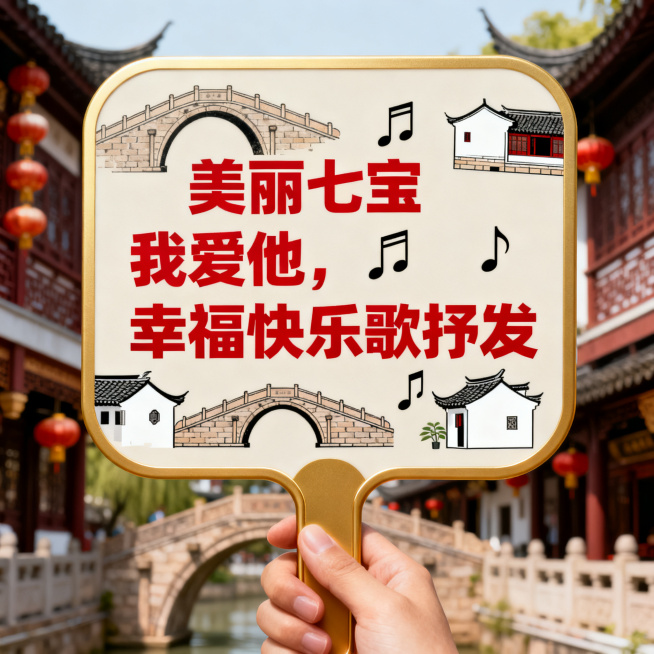 设计歌唱比赛手举手持牌，国风简约风格，主体文字"美丽七宝我爱他，幸福快乐歌抒发"，搭配简约歌唱音符上海七宝古镇元素，色彩大气庄重醒目，适合手持拍照预览效果