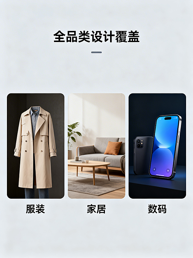 多类目AI设计案例合集图，画面整齐排列服装、家居、数码3个类目的AI设计主图缩略图，每个缩略图下方标注类目名称，上方用简洁文字标注"全品类设计覆盖"，背景用浅灰色，整体布局清晰专业