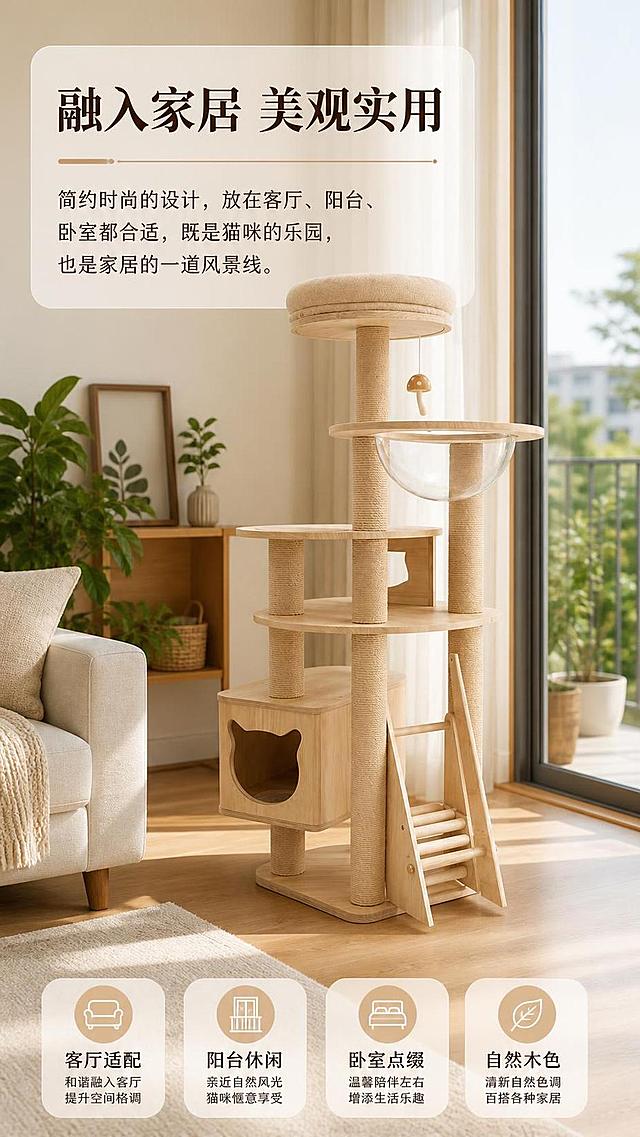 淘宝/天猫电商详情页第6屏 - 场景展示。参考上传的猫爬架产品图片，产品保持和原图完全一致。展示猫爬架放在客厅、阳台等家居场景中的效果，突出和家居环境的搭配。

标题：融入家居 美观实用
正文：简约时尚的设计，放在客厅、阳台、卧室都合适，既是猫咪的乐园，也是家居的一道风景线。

画面中所有信息区域必须填充完整合理内容，不得出现空白框、空白占位。

比例9:16竖版，2K高清画质，文字清晰可读。