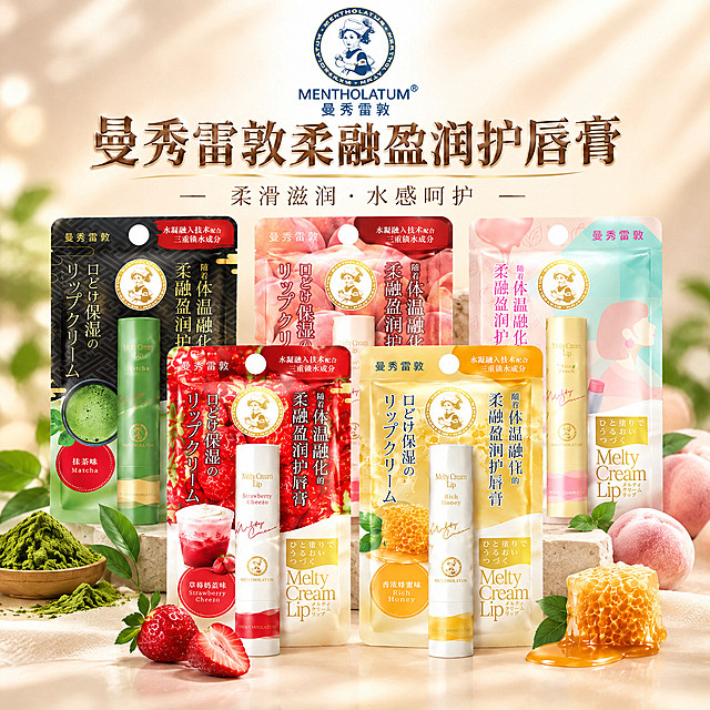 优化曼秀雷敦柔融盈润护唇膏系列主图第1张，1:1正方形，2K分辨率。5款产品采用前后分层交错叠放布局（后3前2），后排3款外包装袋（抹茶味、完熟白桃味、薄荷蜜桃味）横向适度交叠，前排2款（草莓奶盖味、香浓蜂蜜味）的护唇膏本体+外袋组合稍向前突出，形成自然前后层次。每款产品严格保持原图真实宽高比例，绝对不拉伸、压扁、挤窄或变形。每款保留清晰的款式识别区域和品牌标识，允许适度遮挡包装边缘但主体完整可辨。顶部居中曼秀雷敦Logo，主标题"曼秀雷敦柔融盈润护唇膏"轻立体字效。背景柔和浅米色渐变，柔和侧前光，自然接触阴影，投影方向一致。