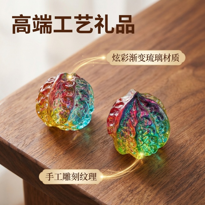 基于原图，展示彩色水晶核桃摆件的核心卖点，胡桃木桌面做背景，使用极细引线光点连接产品各部位，分别标注“炫彩渐变琉璃材质”和“手工雕刻纹理”，左上角大标题“高端工艺礼品”，字体为粗体深棕色，所有文字不遮预览效果