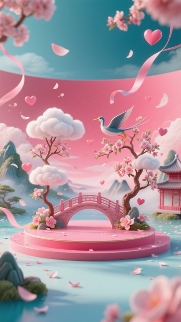 七夕氛围电商展台，正视图，明亮的玫红色为主色，微缩艺术里的中式山水，云朵和花枝组合的鹊桥，花瓣、飘带、爱心，色彩明亮柔和饱和度高，梦幻浪漫的仙气氛围预览效果