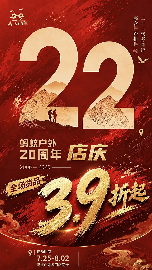 将海报主视觉大数字从"20"改为"22"，第一个数字"2"保留原图的山峰和两个人物剪影，第二个数字"2"内部只保留一组山峰。其余版式、文案、红金风格全部保持和原图一致。画面中所有数字精确渲染，文字清晰不变。