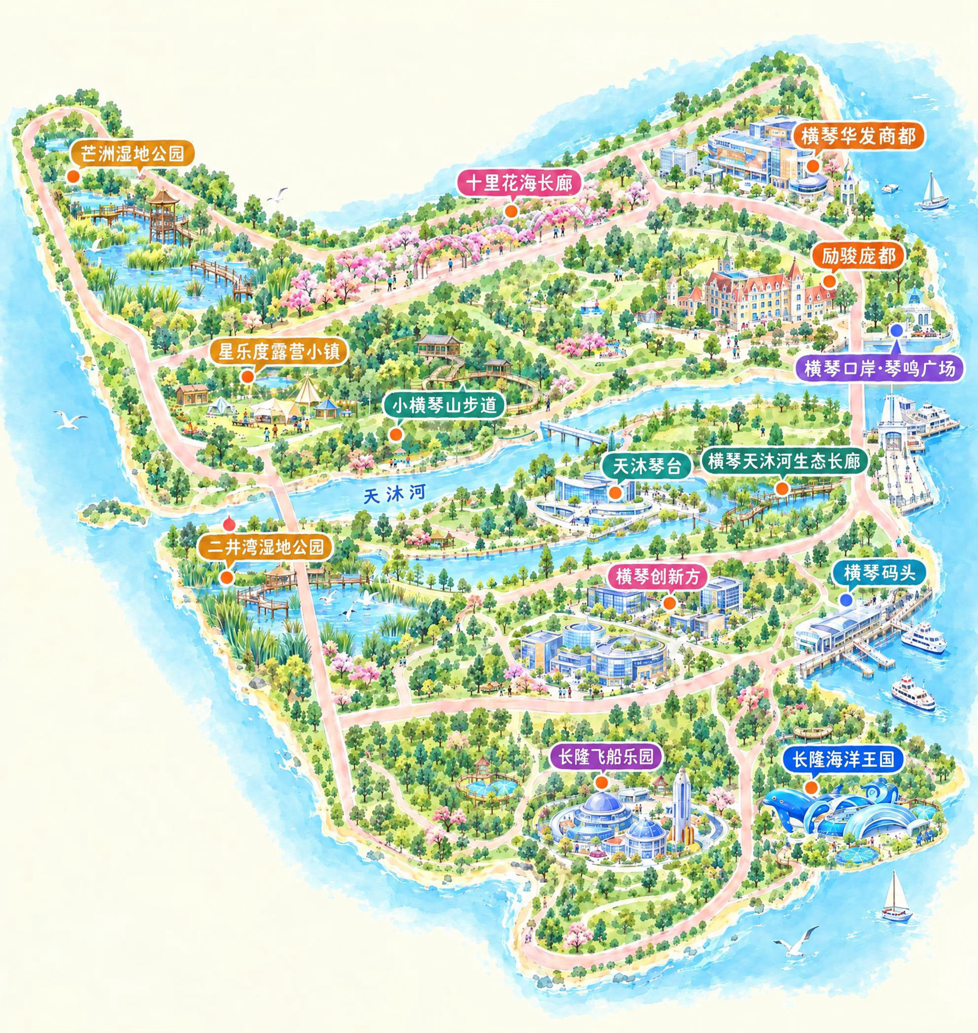 基于这张水彩手绘旅游地图，调整两个点位的位置：1. 将「横琴天… - 图片创意预览