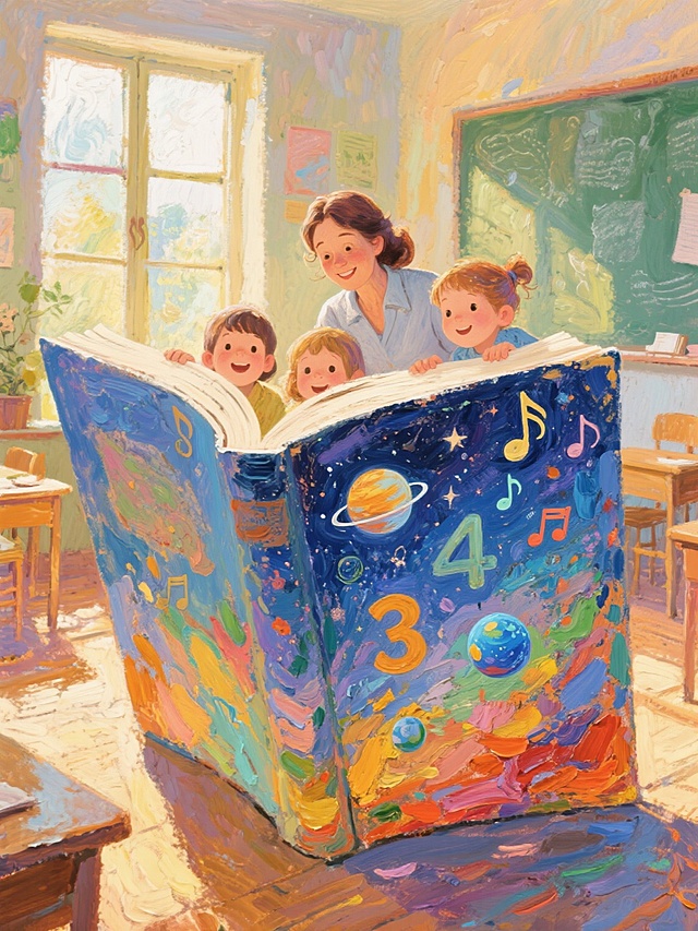 油画风插画，厚涂手法展现梦幻温馨的课堂，孩子们与老师共读趣味星空书。