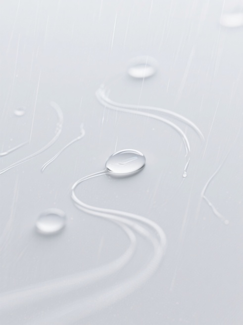 极简主义纯白色背景，飘落的雨滴如丝线般轻柔，雨滴表面呈现出哑光质感，雨滴轨迹在干净通透的空间中勾勒出柔和曲线，整体氛围宁静且带一丝灵动，适配设计背景的雨景素材预览效果