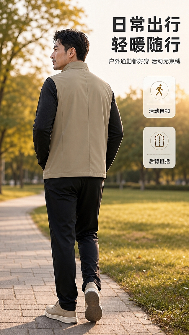 [商品] 使用【图3】卡其色马甲；商品处理：保留立领、拉链、口袋、版型与卡其色面料；自然去除褶皱，理顺垂坠，增强面料质感，不改变版型结构。生成亚洲男性模特上身穿着效果，模特30-40岁，休闲气质，内搭深色长袖T恤。
[画面] 目标：户外休闲场景模特展示，突出卡其色马甲的日常出行穿搭与背面版型。构图：亚洲男性模特在城市公园步道行走，背向镜头微侧脸，展示马甲背面剪裁与侧面轮廓，人物占画面60%。景别：全身。阅读动线：从下到上，先看整体再读卖点。前中后景：前景草地步道、中景模特主体、后景虚化树木与秋日暖光。
[视觉] 套系策略：风格=高级商务通勤商业摄影；标题字=现代无衬线粗黑体；正文字=简洁无衬线体；主色=深炭灰+暖米杏；背景延展=基于暖米杏做深浅层级、同色渐变和细腻哑光质感；强调色=暖棕金，仅用于小面积图标、引线和标签；标题色=深炭灰；正文色=中暖灰；组件=圆角浅底信息卡、细线引线；光影=右侧暖调自然光，柔和逆光轮廓。
[文字] 主标题「日常出行 轻暖随行」，副标题「户外通勤都好穿 活动无束缚」，2个短卖点：「活动自如」「后背挺括」。文字位于画面右上角，不遮挡模特与马甲主体。
[规格] 图片比例9:16竖版，4K分辨率，避免变形、错字、文字过小、冷蓝背景、衣服颜色改变、版型失真、极限词、外籍模特。