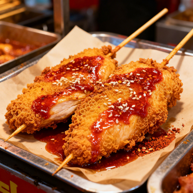 刚炸好的鸡排串，大块的鸡胸肉被炸至外皮金黄酥脆，表面带有细密的炸制气泡，刷着红亮的香辣酱汁，撒有少许白芝麻和辣椒粉，串在长竹签上，摆放在铺了吸油纸的餐盘中，背景是暖调的小吃摊场景，暖光照射下油亮饱满，预览效果