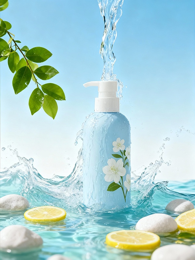 清新水彩风设计，3D液态感水花环绕蓝瓶，柠檬与绿叶点缀，营造夏日清爽与自然舒适氛围。