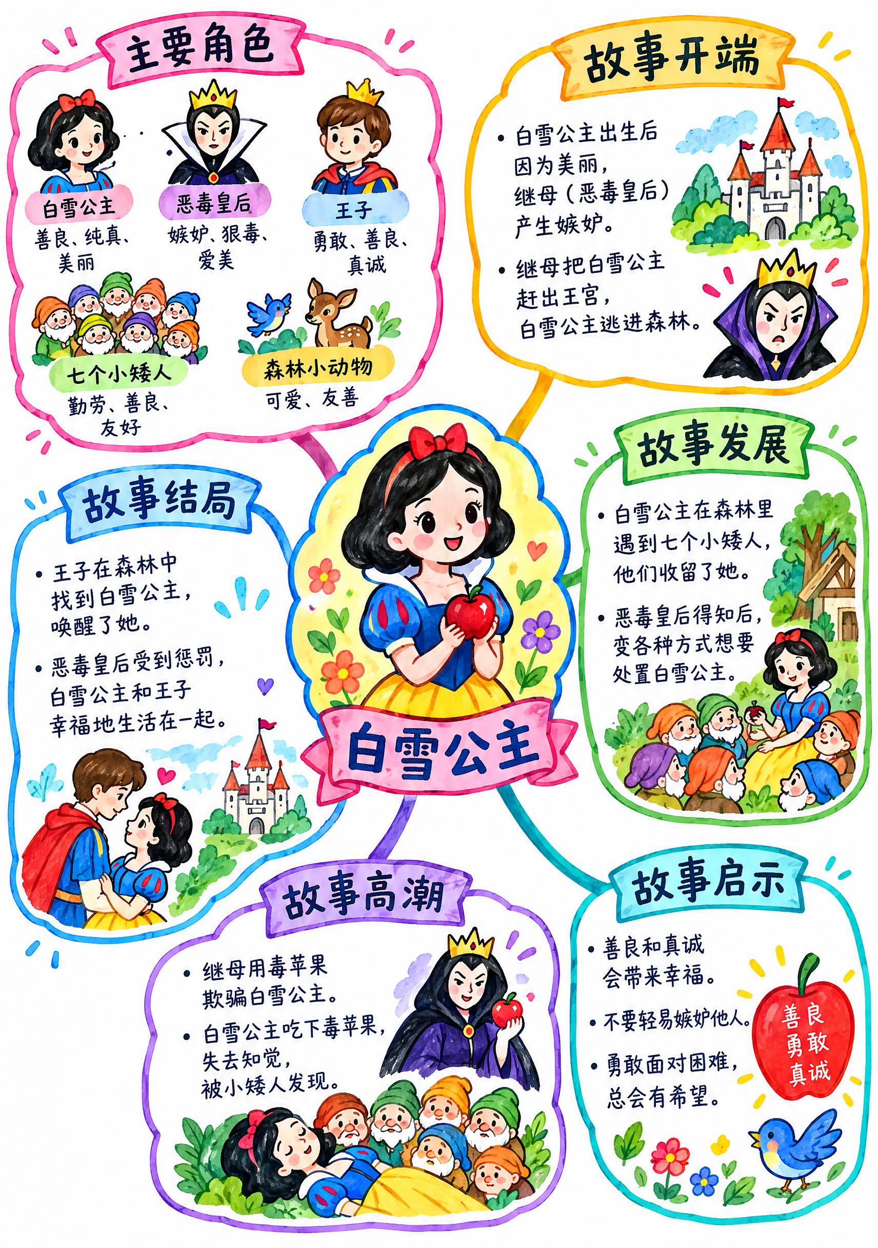 白雪公主童话故事思维导图，马克笔手绘风格，白色背景，A4竖版。… - 图片创意预览