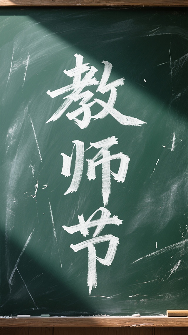 “教师节”三个字，纯白色粉笔手写体，具有强烈的粗糙颗粒感和不规则边缘，笔画中有仿真的粉笔飞白和划痕，背景是质感细腻的深绿色黑板，有一束侧光打来，形成高对比度，超真实摄影风格
