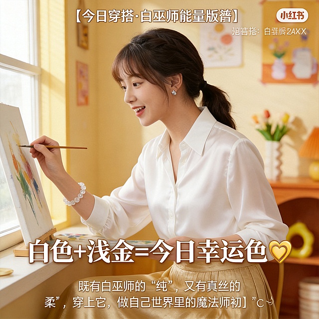 使用图中的女性人物形象，生成一个温柔、亲切、知性的低马尾女性在窗边画画，穿搭为日常纯净风，上衣是白色真丝衬衫，下装是浅金色半身裙，手腕佩戴白水晶手链，耳朵佩戴银耳钉。图片顶部文字为“【今日穿搭·白巫师能量版👗】”，核心大字文案为“白色+浅金=今日幸运色🌈”，底部小字文案为“既有白巫师的“纯”，又有真丝的“柔”，穿上它，做自己世界里的魔法师🧙‍♀️”，温馨治愈写实风格，2K分辨率