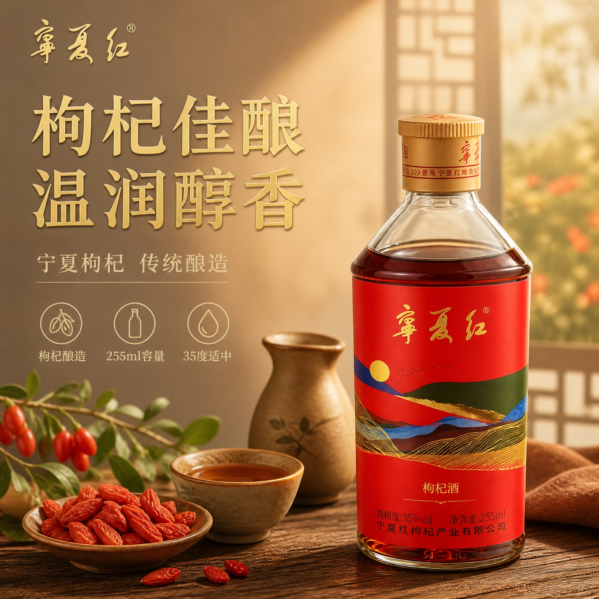 [单张主图] 宁夏红枸杞酒255ml 高级氛围感主图 目标是突… - 图片创意预览