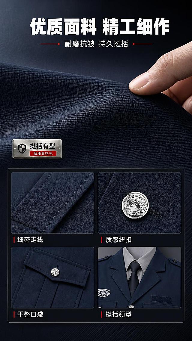 [商品] 使用【图2】藏青色职业制服套装；商品处理：保留西装领、单排5颗银色纽扣、胸前双口袋带盖纽扣、肩袢、左胸徽章、右臂臂章、下摆双口袋、配套长裤；自然理顺面料褶皱，增强制服挺括质感、缝线和五金纽扣光泽，不改变版型结构和颜色。
[画面] 目标：面料工艺展示页。构图：上半部分面料微距特写，下半部分2x2工艺宫格。主体占画面70%。上半部分：手指轻触面料，展示织纹质感；下半部分四个小图分别展示：细密缝线、金属纽扣、平整口袋、挺括领型。背景为深色质感台面，有柔和光影。
[视觉] 套系策略：风格=硬朗专业商业摄影风；标题字=粗黑体厚重有力；正文字=简洁无衬线体；主色=藏青深蓝；背景延展=藏青到深灰渐变、金属质感暗纹、硬朗光影；强调色=正红色，仅用于小面积标签、引线和重点标注；标题色=纯白色；正文色=浅灰色；组件=直角深色信息卡、粗线引线、金属质感标签；光影=右前侧硬柔光，突出制服挺括轮廓和立体感。
[文字] 顶部主标题「优质面料 精工细作」，下方副标题「耐磨抗皱 持久挺括」。宫格每个小图下方配短标签：细密走线/质感纽扣/平整口袋/挺括领型。文字不遮挡面料细节主体。
[规格] 图片比例9:16竖版，4K分辨率，避免变形、错字、文字过小、冷蓝背景、颜色改变、版型失真、极限词。