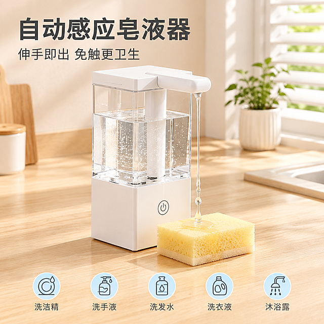 [主图-1] 白色自动感应皂液器产品首图，建立洁净实用的第一印象，突出自动感应出液功能与产品外观。
[统一基调] 国内电商日用百货风格，整体暖光柔和，干净通透，浅木色与白色为主色调，标题字色为深灰色，辅助字色为中灰色，强调色为淡蓝色，字体为简洁无衬线粗体，字号层级分明，图标为简约线性风格，画面干净无杂物。
[画面] 产品放置在原木质感厨房台面上，产品为白色方形自动感应皂液器，上半部分透明可视内部液体，下半部分白色机身带电源按键，出液口伸出白色感应头，透明液体正从出液口缓缓滴落到下方的海绵擦上，海绵擦为淡黄色清洁海绵，放置在产品正前方承接液体。产品主体占画面约65%，居中偏左放置。背景是温暖的家居厨房场景，右侧有白色百叶窗透进柔和自然光，远处隐约可见小型绿植盆栽，台面干净整洁。左上角预留标题文字位置，底部预留卖点图标位置。
[光影质感] 高清商业摄影质感，4K超清画质，写实质感，暖光柔和从左上方照射，产品边缘有柔和高光，透明液体部分有清透光感，白色机身有细腻哑光质感，原木台面有自然纹理和柔和接触阴影，产品与场景自然融合无悬浮感。
[配色] 主色调白色+浅木色+暖米色，点缀淡蓝色图标高亮，整体温暖洁净，背景为暖调浅木色厨房场景。
[文字版式] 左上角放置主标题「自动感应皂液器」，字体为粗体无衬线深灰色，字号较大；主标题下方放置副标题「伸手即出 免触更卫生」，字号缩小50%以上，中灰色。底部横向排列5个简约线性图标，分别代表洗洁精、洗手液、洗发水、洗衣液、沐浴露，每个图标下方对应小字标注。文字均放在负空间，不遮挡产品主体。
[输出要求] 比例1:1，2048*2048像素，4K超清画质，文字清晰可读，产品主体清晰锐利，画面干净整洁。禁止变形、错字、模糊、杂乱背景、水印、平台Logo、多余手指、畸形手。