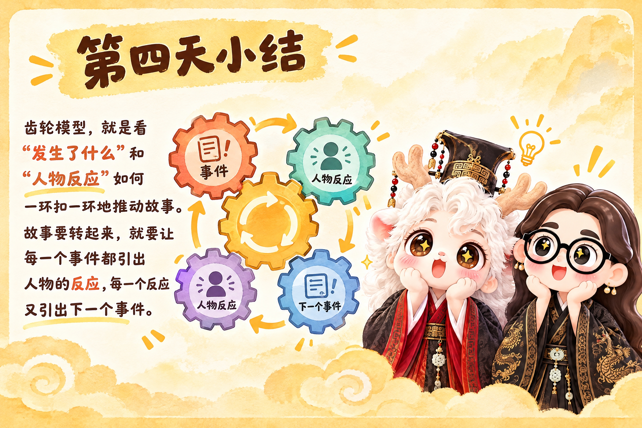 横版6寸比例的知识卡片设计，标题为"第四天小结"，内容为"齿轮… - 图片创意预览