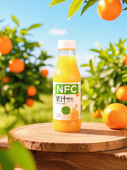 去掉图片中木板切片上的两个切开的橙子，保留橙汁瓶和完整橙子，保持整体光影和风格不变，干净自然过渡预览效果