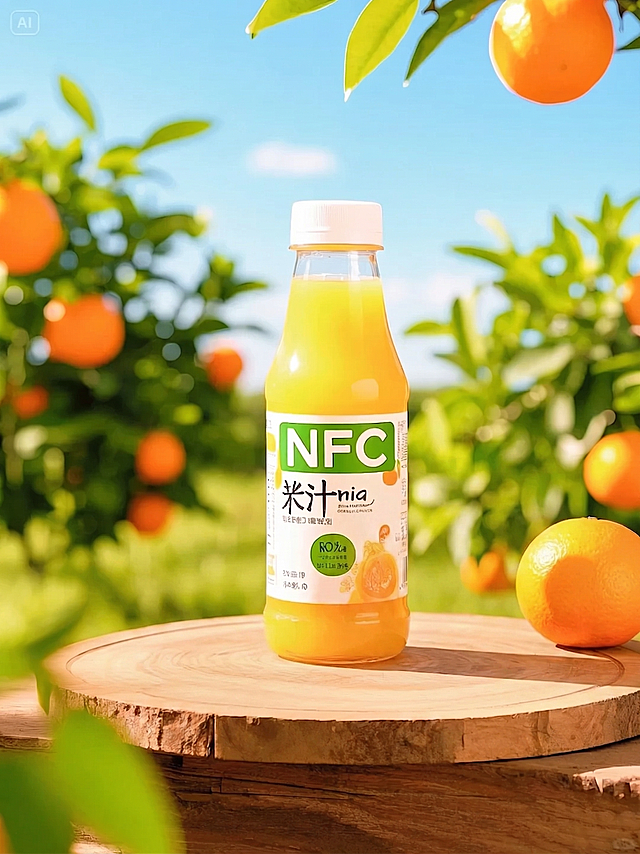 去掉图片中木板切片上的两个切开的橙子，保留橙汁瓶和完整橙子，保持整体光影和风格不变，干净自然过渡