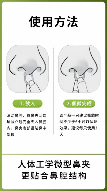 [第6屏] 使用方法演示，讲解鼻舒通保健粉正确佩戴方式。本屏使用【图4】作为参考图。
[氛围/风格] 步骤说明页，清晰直观，简单易懂。
[元素布局] 左右两格分栏，每格展示一个步骤示意图，左侧为放入动预览效果