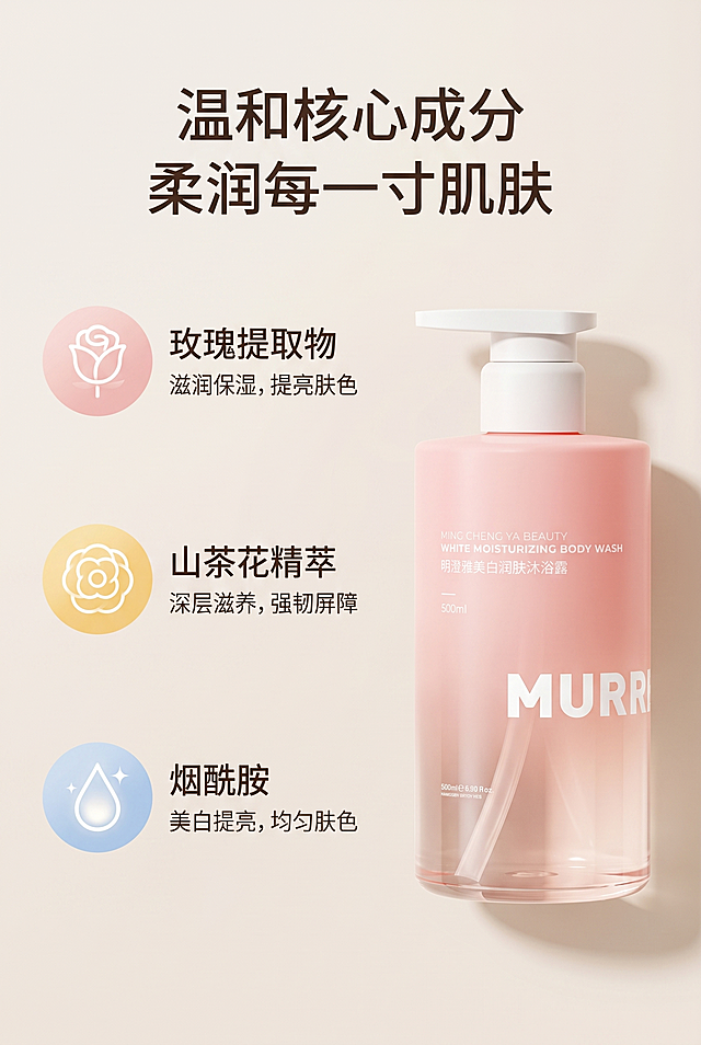 [第11屏] 详情页产品成分可视化展示屏，展示沐浴露核心成分。
[氛围/风格] 极简轻奢ins风，低饱和暖调光影，杂志级精致排版，无杂乱元素，整体干净高级清晰，超高清商业设计质感。
[元素布局] 使用上传的成分示意图作为基础，设计简约成分可视化，采用柔和圆形图标排列每种核心成分，每种成分搭配名称与功效说明，右侧搭配完整粉色沐浴露瓶身，保持产品包装细节、颜色、logo、规格500ml、瓶身比例1:1全部一致。整体排版左成分图示右产品，简约清晰，突出成分天然安全，整体干净高级。
[光影质感] 柔光均匀打光，成分图标清晰，产品细节真实，整体通透干净。
[配色色系] 全局底色：#f5f0eb（低饱和浅米色）；主体配色：成分图标使用柔和马卡龙色系，对应产品瓶身颜色+文字深棕色#333333。
[视角构图] 左右分栏布局，左侧成分可视化占60%宽度，右侧产品占40%宽度，构图平衡，留白充足。
[文字版式] 主标题“温和核心成分 柔润每一寸肌肤”加粗无衬线大字，顶部居中；每种成分名称加粗，功效说明小字标注；文字统一无衬线字体，排版舒朗，符合移动端可读性。
[比例分辨率] 2:3 竖版比例，2K分辨率，文字清晰可辨，超高清。
[负向提示词] 禁止成分图标杂乱，禁止文字排版拥挤，禁止瓶身变形、logo模糊，禁止色彩过于刺眼，禁止添加无关装饰，禁止光影过暗、画面发灰，禁止包装细节丢失，禁止瓶身比例不对，禁止文字错乱。