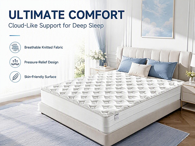 Create a premium mattress product introduction image in English, focusing on COMFORT feature. The mattress from the reference image is placed in a bright, elegant bedroom setting with soft natural lighting. Large clear English headline "ULTIMATE COMFORT" at the top, subheadline "Cloud-Like Support for Deep Sleep", and 3 short feature bullet points: "Breathable Knitted Fabric", "Pressure-Relief Design", "Skin-Friendly Surface". Clean modern layout, white and light blue color scheme, high-end commercial photography style, 2K quality, professional product marketing aesthetic.