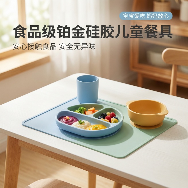 [主图 1] 儿童餐具套装场景首图
[主图主题] 食品级铂金硅胶儿童餐具套装
[氛围/风格] 温馨居家环境，柔和自然光感，通透干净无强烈阴影
[画面元素] 整套儿童餐具（分格餐盘+分隔餐垫+水杯+碗）预览效果