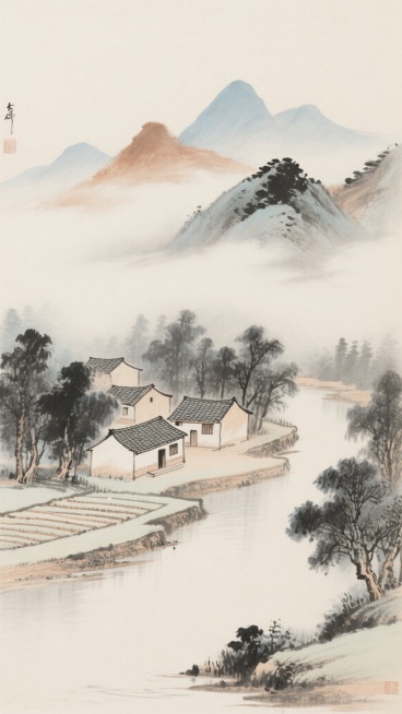 中国传统水墨画风格，淡雅的米色宣纸背景，远山以淡墨和花青、赭石色渲染，层次分明，云雾缭绕其间，近景处有几间古朴的瓦房错落有致，周围环绕着茂密的树木，枝叶以浓墨勾勒，笔触细腻，一条平静的河流蜿蜒流淌，河岸边有整齐的田垄，整体画面干净空灵，意境悠远，适合作为背景素材使用。预览效果