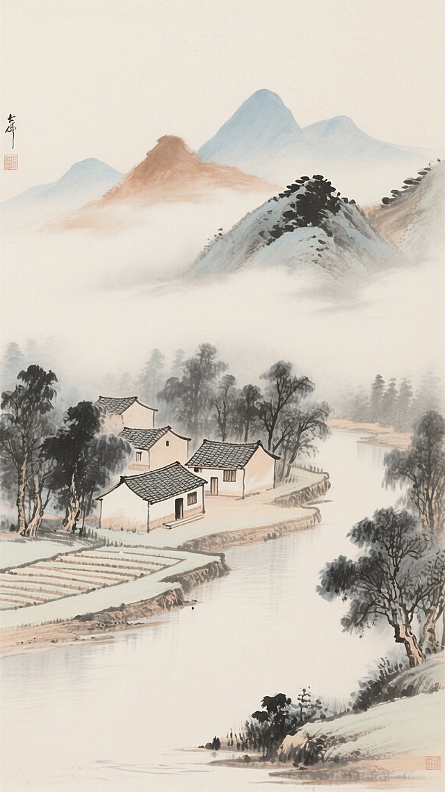 中国传统水墨画风格，淡雅的米色宣纸背景，远山以淡墨和花青、赭石色渲染，层次分明，云雾缭绕其间，近景处有几间古朴的瓦房错落有致，周围环绕着茂密的树木，枝叶以浓墨勾勒，笔触细腻，一条平静的河流蜿蜒流淌，河岸边有整齐的田垄，整体画面干净空灵，意境悠远，适合作为背景素材使用。